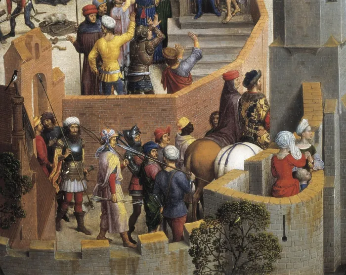 Framed Print : MEMLING, Hans (1433-1494). Passion of the Christ. 1840. Detail with soldiers. Flemish art. Oil on wood. ITALY. Turin. Galleria Sabauda (Sabauda Gallery)