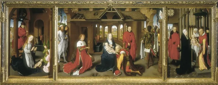 Framed Print : MEMLING, Hans (1433-1494). Triptych of the Adoration. ca. 1470. The Magi are portraits of Charles 'the Bold' and Philip 'the Good'. International gothic
