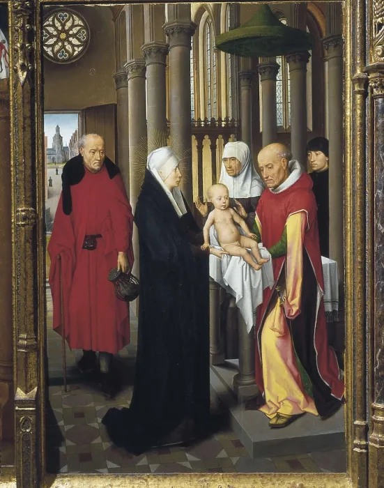 Framed Print : MEMLING, Hans (1433-1494). Triptych of the Adoration. The Presentation in the Temple. c. 147o. Right panel. International gothic. Tempera on wood. SPAIN. Madrid. Prado Museum