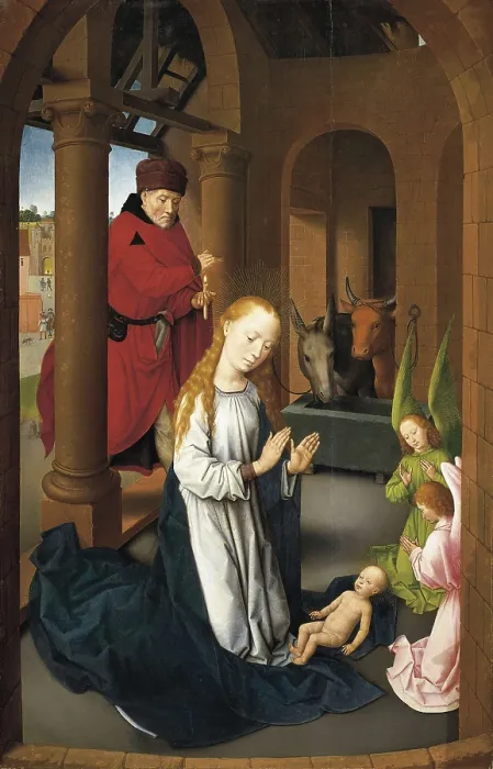 Framed Print : MEMLING, Hans (1433-1494). Triptych of the Adoration. Nativity. c. 1470. Left panel. International gothic. Tempera on wood. SPAIN. Madrid. Prado Museum