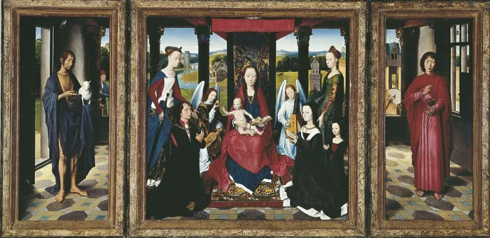 Framed Print : MEMLING, Hans (1433-1494). The Virgin and Child with Saints and Donors. 1478. The work was probably commissioned from Memling in Bruges by Sir John Donne of Kidwelly. Oil on oak Framed Print : MEMLING, Hans (1433-1494). The Virgin and Child with Saints and Donors. 1478. The work was probably commissioned from Memling in Bruges by Sir John Donne of Kidwelly. Oil on oak