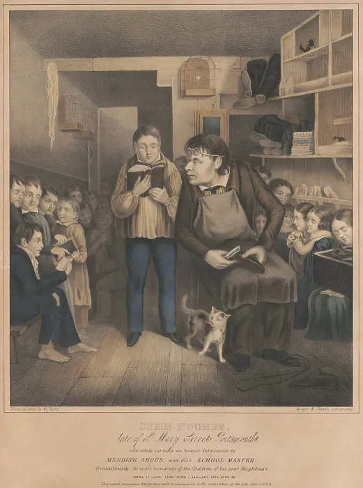 Framed Print : Memorial portrait for John Pounds, of St. Street, Portsmouth, England. While making his living as a cobbler, he used his workshop as a school for children of the poor, 1820-1840 Framed Print : Memorial portrait for John Pounds, of St. Street, Portsmouth, England. While making his living as a cobbler, he used his workshop as a school for children of the poor, 1820-1840