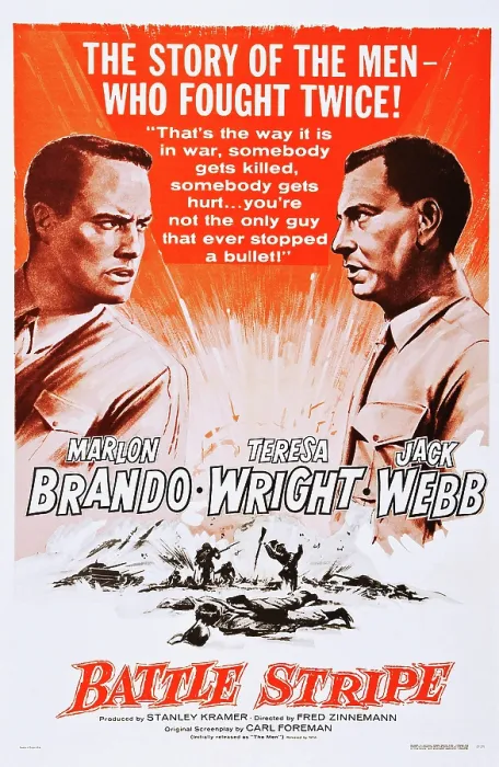 Framed Print : THE MEN, (aka BATTLE STRIPE), from left: Marlon Brando, Jack Webb on poster art, 1950