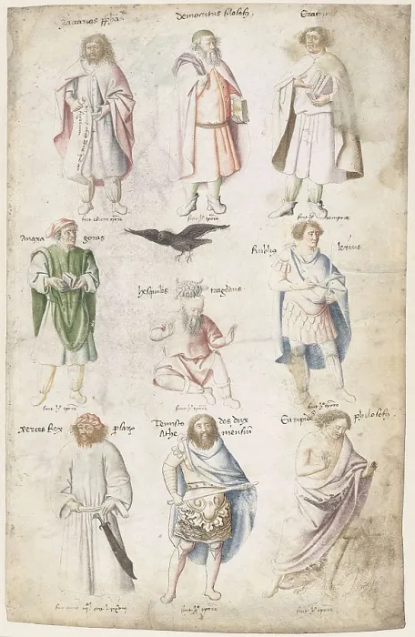 Framed Print : Nine men from Antiquity, by Barthelemy d Eyck, c. 1440, Dutch drawing with paint on parchment manuscript page Framed Print : Nine men from Antiquity, by Barthelemy d Eyck, c. 1440, Dutch drawing with paint on parchment manuscript page