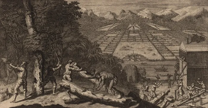 Framed Print : Men building a town in Georgia, ca. 1733. At left, English men and African slaves chop down trees in a forest. Logs are sawed into building material