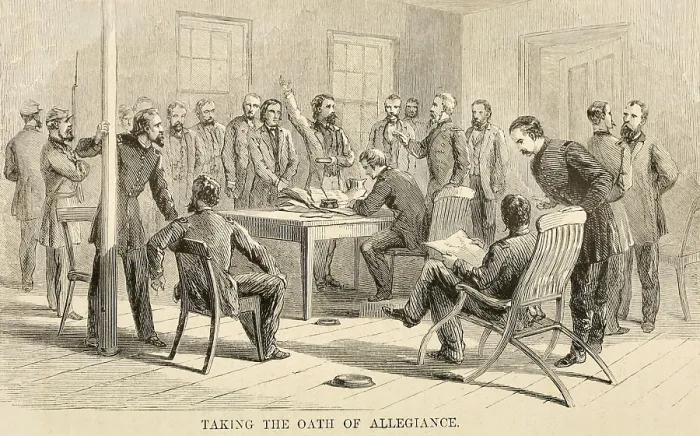 Framed Print : Former men of the Confederacy take loyalty oaths after the end of the US Civil War. The oaths are administered by officers of the Union Army, c. 1865-68 (BSLOC_2019_5_127)