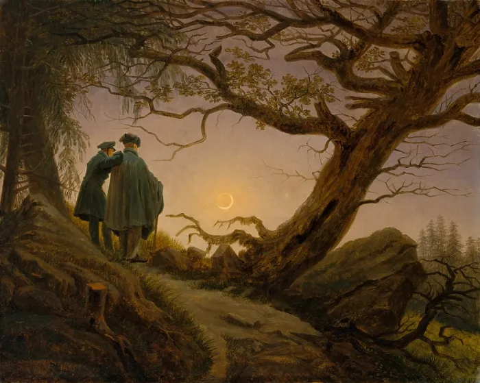 Framed Print : TWO MEN CONTEMPLATING THE MOON, by Caspar David Friedrich, 1825-30, German painting, oil on canvas