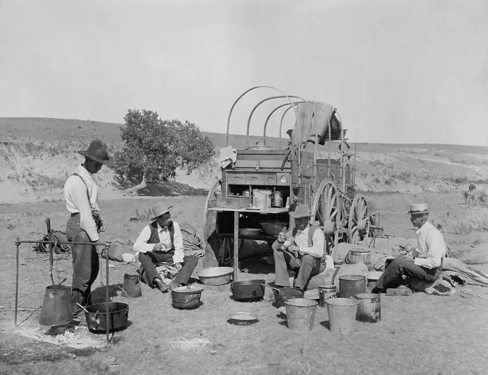 Framed Print : Four men eating at a chuck wagon on a Texas ranch, c. 1900. Photo by Willian Henry Jackson (BSLOC_2018_3_63) Framed Print : Four men eating at a chuck wagon on a Texas ranch, c. 1900. Photo by Willian Henry Jackson (BSLOC_2018_3_63)