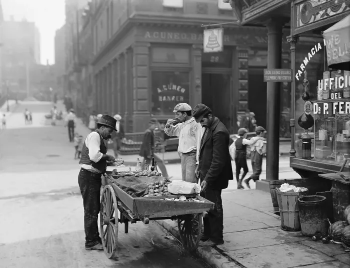 Framed Print : Men eating fresh clams from a pushcart peddler in the Italian neighborhood of Mulberry Bend in New York City. Ca. 1900 photograph by Byron Framed Print : Men eating fresh clams from a pushcart peddler in the Italian neighborhood of Mulberry Bend in New York City. Ca. 1900 photograph by Byron