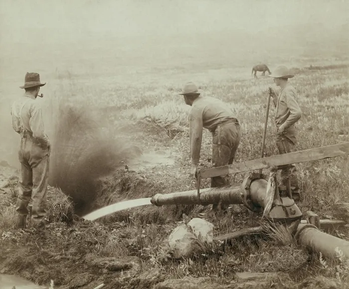 Framed Print : Three men engaged in hydraulic gold mining in Rockerville, Black Hills or South Dakota, 1889 (BSLOC_2017_18_54)