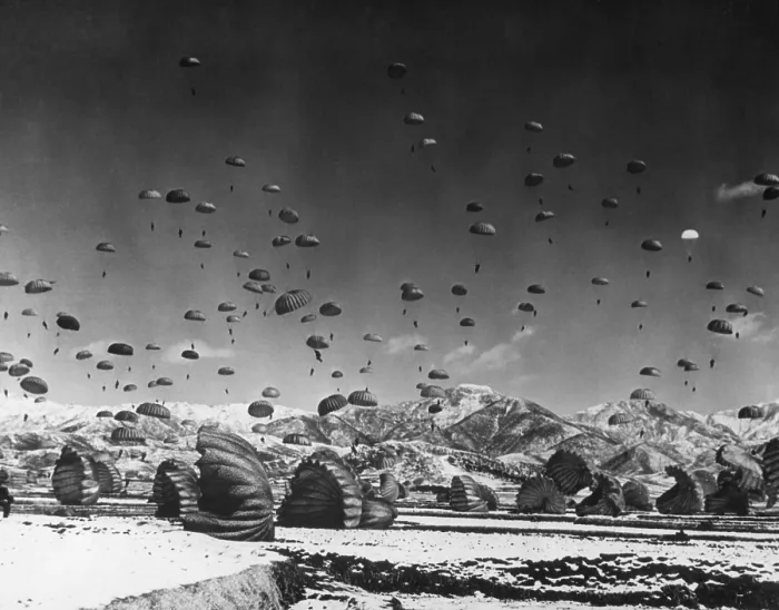 Framed Print : Men and equipment being parachuted to earth in an operation conducted by United Nations airborne units. Ca. 1951. Korean War, 1950-53. (BSLOC_2014_11_116) Framed Print : Men and equipment being parachuted to earth in an operation conducted by United Nations airborne units. Ca. 1951. Korean War, 1950-53. (BSLOC_2014_11_116)