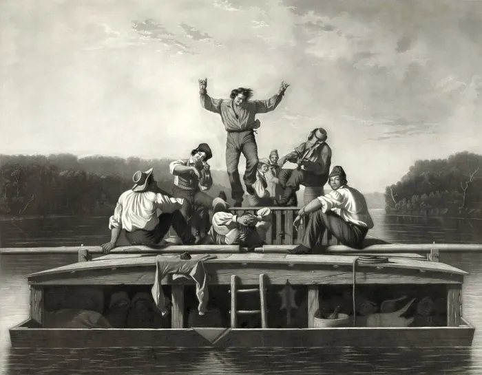 Framed Print : Men on flatboat in river, playing musical instruments, relaxing, and dancing. Mezzotint after painting by George Caleb Bingham. 1847