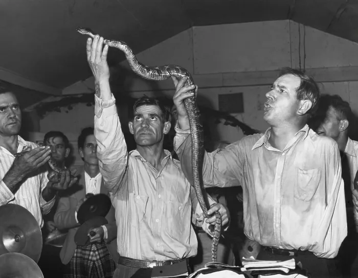 Framed Print : Men Handling serpents at the Pentecostal Church of God Framed Print : Men Handling serpents at the Pentecostal Church of God
