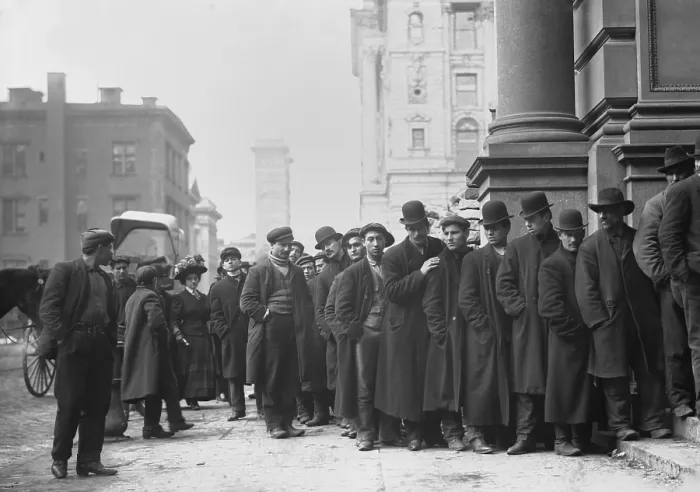 Framed Print : Men lined up seeking work as snow shovelers in New York City, Jan. 1908 Framed Print : Men lined up seeking work as snow shovelers in New York City, Jan. 1908