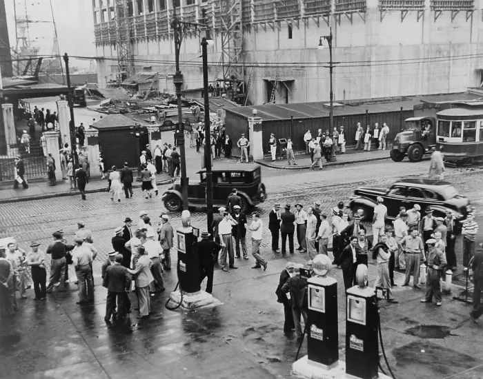 Framed Print : Men near the gate of the Brooklyn Navy Yard during an electrical workers strike. 1941. In the background is a picket line. (BSLOC_2013_6_118)