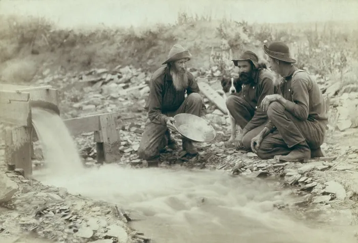 Framed Print : Three men panning for gold in a stream in the Black Hills of South Dakota in 1889. Old timers, Spriggs, Lamb, and Dillon may be die hard survivors from the Gold Rush of 1876