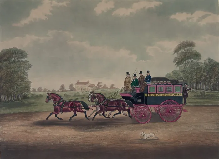 Framed Print : Five men on a passenger coach traveling between the English towns of Norwich and Cromer. Engraving based on a painting by Charles C. Hunt 1830. LC-DIG-pga-01660