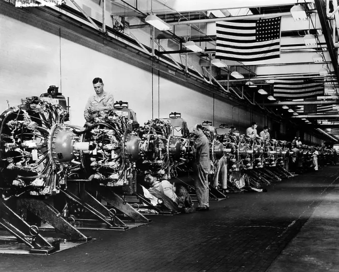 Framed Print : Men prepare engines for the B-24 Liberator bomber airplane at a Buick plant, 1943. Courtesy: CSU Archives / Everett Collection
