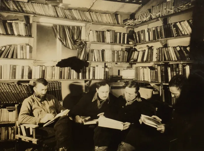 Framed Print : Men reading in Byrds First Antarctic Expedition basecamp library, at Little America, Antarctica. 1928-1930 (BSLOC_2018_2_37) Framed Print : Men reading in Byrds First Antarctic Expedition basecamp library, at Little America, Antarctica. 1928-1930 (BSLOC_2018_2_37)