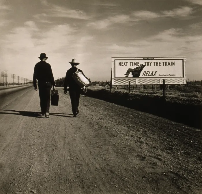 Framed Print : Two men walking toward Los Angeles, March 1937. Ahead of them is a Southern Pacific Railroad billboard reading, Next Time, Try the Train'. Photo by Dorothea Lange Framed Print : Two men walking toward Los Angeles, March 1937. Ahead of them is a Southern Pacific Railroad billboard reading, Next Time, Try the Train'. Photo by Dorothea Lange