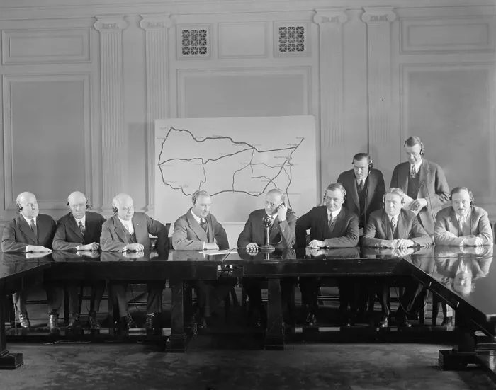 Framed Print : Men wearing headphones attend the ceremonial opening of new cross country phone lines in 1927