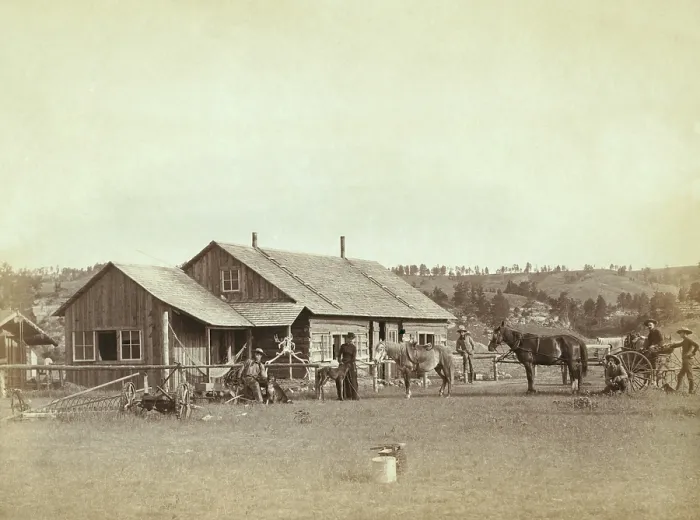 Framed Print : Men and a woman in front of a western ranch house, in South Dakota, 1887