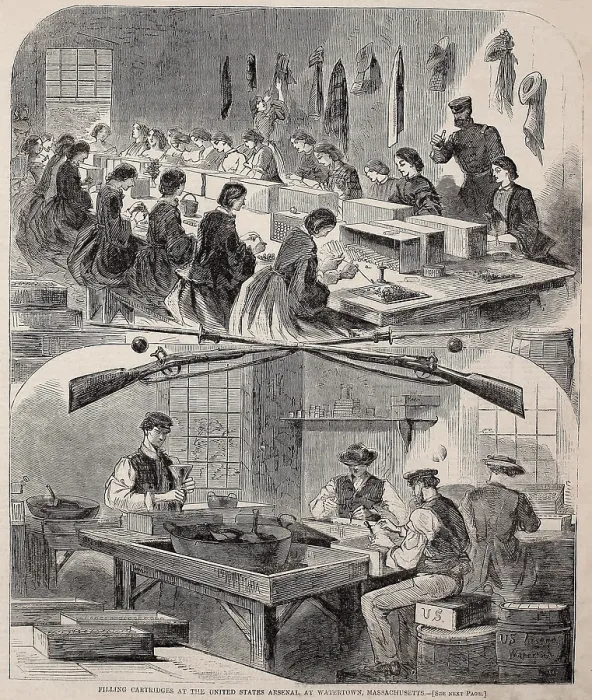 Framed Print : Men and women workers filling cartridges at the United States Arsenal, Watertown, Mass. The gun powder is inserted into the cartridge by men (lower picture) Framed Print : Men and women workers filling cartridges at the United States Arsenal, Watertown, Mass. The gun powder is inserted into the cartridge by men (lower picture)