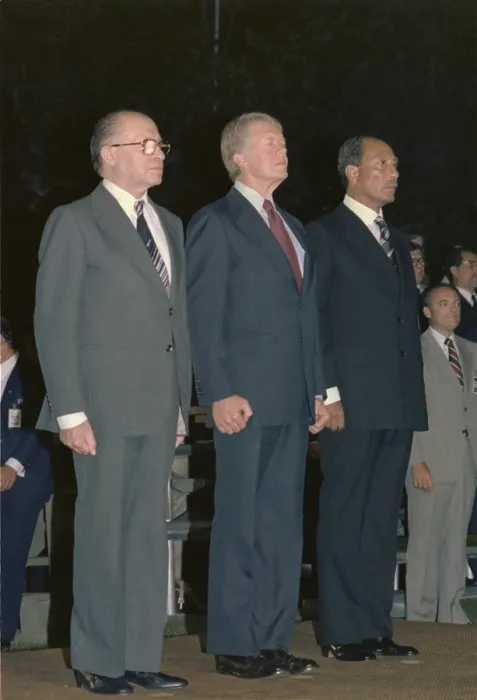 Framed Print : Menahem Begin Jimmy Carter and Anwar Sadat attending a military exhibition during the Camp David Summit. Sept. 7 1978 Framed Print : Menahem Begin Jimmy Carter and Anwar Sadat attending a military exhibition during the Camp David Summit. Sept. 7 1978
