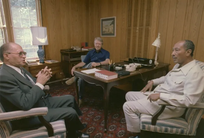 Framed Print : Menahem Begin Jimmy Carter and Anwar Sadat meet during the Camp David Summit