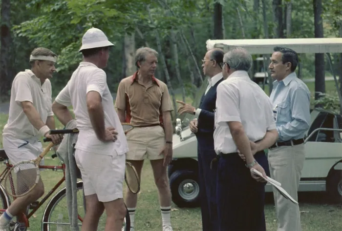 Framed Print : Menahem Begin meets with Jimmy Carter Zbigniew Brzezinski and Cyrus Vance after a tennis match at Camp David. Sept 5-17 1978