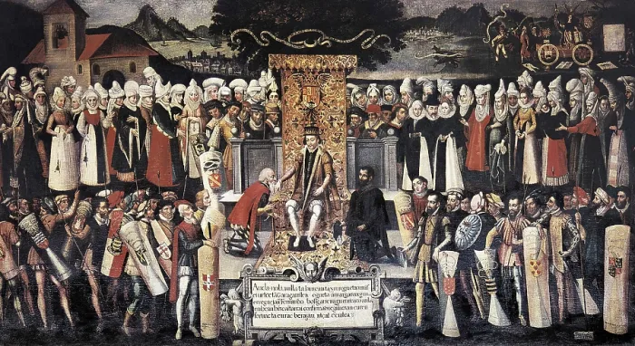 Framed Print : MENDIETA Y RETES, Francisco de (16th century). Hand-kissing following the Oath to the Privileges by King Ferdinand the Catholic. 1609. SPAIN. Guernica. Casa de Juntas Framed Print : MENDIETA Y RETES, Francisco de (16th century). Hand-kissing following the Oath to the Privileges by King Ferdinand the Catholic. 1609. SPAIN. Guernica. Casa de Juntas