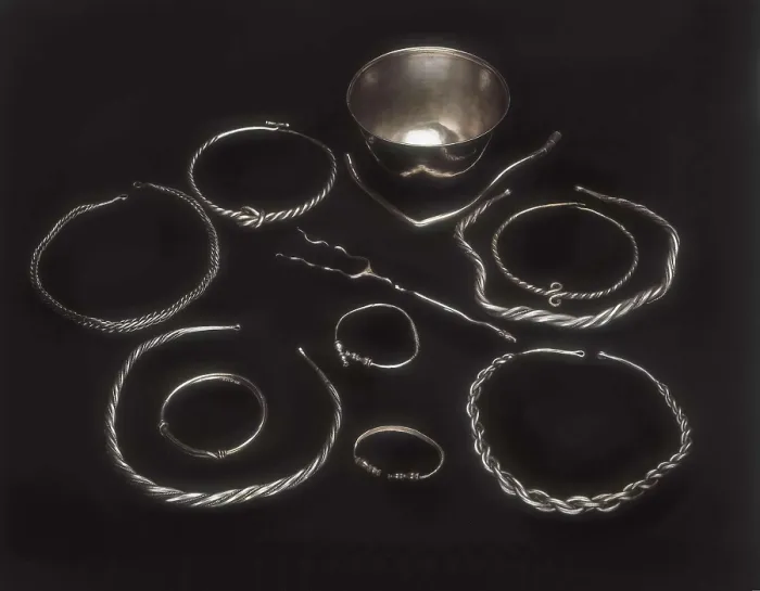 Framed Print : Mengibar Treasure. 2nd-1st c. BC. There are 6 torcs, 4 bracelets, 1 carving fork and 1 vase. Iberian art. Jewelry. SPAIN. Madrid. National Museum of Archaeology. Proc: SPAIN