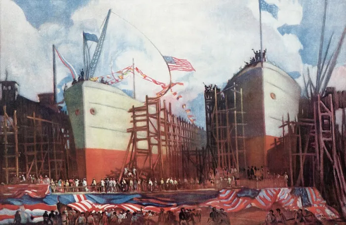 Framed Print : Merchant marine ships under construction at the end of WW1. 1919. Painting by John C. Johnson. (BSLOC_2012_4_95)