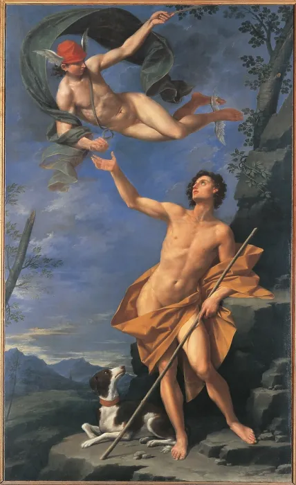 Framed Print : Mercury and Paris, by Donato Creti, 18th Century, oil on canvas, - Italy, Emilia Romagna, Bologna, Civic Museums of Ancient Art. All