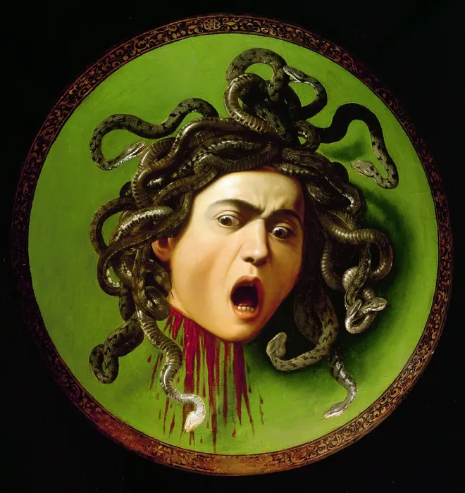 Framed Print : Merisi Michelangelo known as Caravaggio, Medusa, 1596 - 1598, 16th Century, oil on canvas on poplar shutter, Italy, Tuscany, Florence