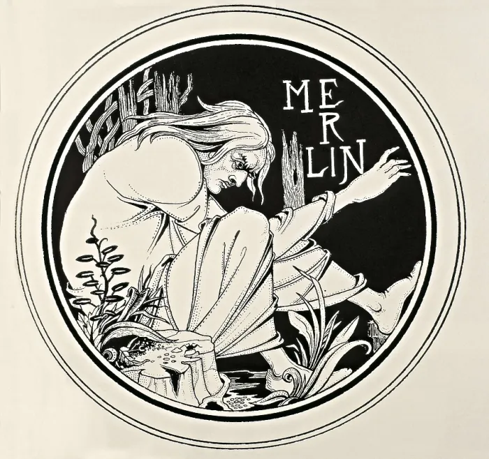 Framed Print : Merlin the Magician. Engraving from 'The Death of Arthur' by Sir Thomas Malory, edition with pictures by Aubrey Beardsley (1892-1894). Modernism. Engraving
