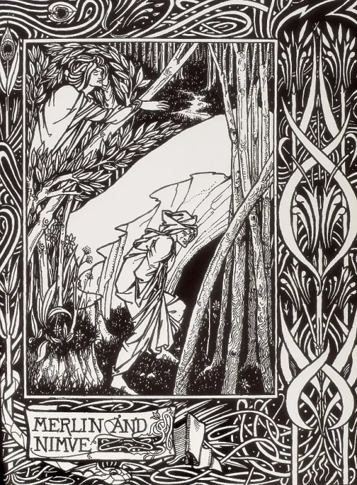 Framed Print : Merlin the Magician and Nimue. Engraving from 'The Death of Arthur' by Sir Thomas Malory, edition with pictures by Aubrey Beardsley (1892-1894). Modernism. Engraving