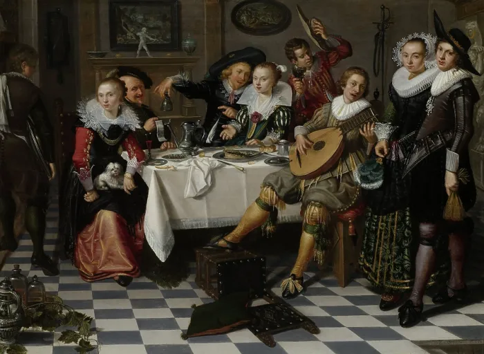 Framed Print : Merry Company, by Isack Elyas, 1629, Dutch painting, oil on panel. Interior with partying, drinking and music making company around a set table allude to the Five Senses Framed Print : Merry Company, by Isack Elyas, 1629, Dutch painting, oil on panel. Interior with partying, drinking and music making company around a set table allude to the Five Senses