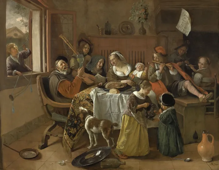 Framed Print : The Merry Family, by Jan Steen, 1668, Dutch painting, oil on canvas. The father sings while raising a glass and the mother and grandmother join Framed Print : The Merry Family, by Jan Steen, 1668, Dutch painting, oil on canvas. The father sings while raising a glass and the mother and grandmother join