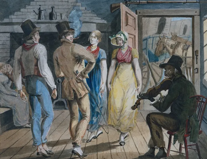 Framed Print : Merrymaking at a Wayside Inn, by John Lewis Krimmel, 1811-13. Two couples with the men are wearing dancing slippers, dance to the music of an African American fiddler Framed Print : Merrymaking at a Wayside Inn, by John Lewis Krimmel, 1811-13. Two couples with the men are wearing dancing slippers, dance to the music of an African American fiddler