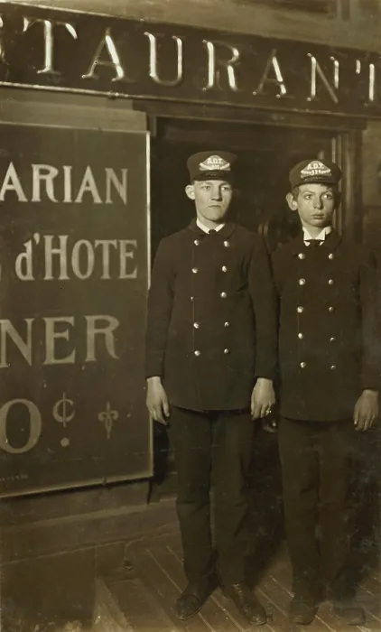 Framed Print : Messenger Boys in heart of Tenderloin, from caption: Midnight, Youngest: Badge No. 524. Herman Unslowitz, 15 yrs