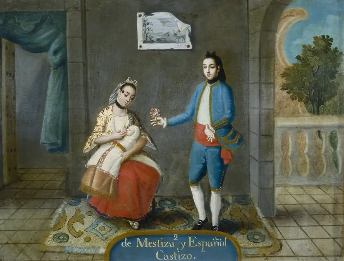 Framed Print : De Mestiza y Espanol, Castizo (From a Mestizo woman and a Spanish man, a Pure child comes). h. 1775 - 1800. Painting num. 2. Casta paintings. Mexican school. Colonial baroque Framed Print : De Mestiza y Espanol, Castizo (From a Mestizo woman and a Spanish man, a Pure child comes). h. 1775 - 1800. Painting num. 2. Casta paintings. Mexican school. Colonial baroque