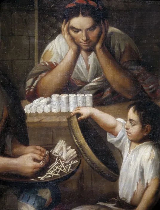 Framed Print : Mestizos manufacturing cigarettes. Oil on canvas. SPAIN. Madrid. America's Museum. AISA / Everett Collection**US SALES ONLY**