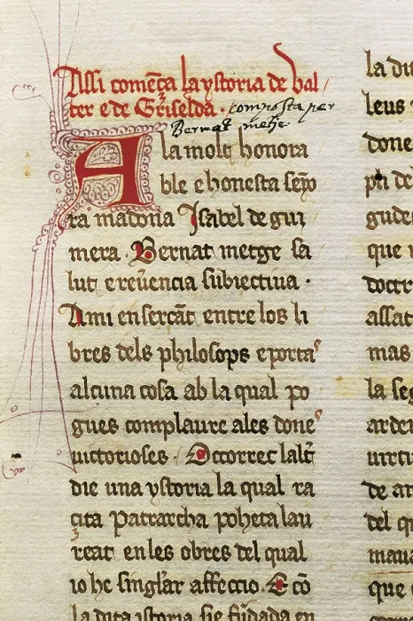 Framed Print : METGE, Bernat (1343-1413). First page of 'Valter e Griselda', Translation into Catalan by Metge of the Petrarch's Latin epistle 'Griseldis'