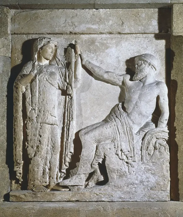 Framed Print : Metope with Hera and Zeus. Metope from the Temple of Zeus. Greek art. Relief on marble. ITALY. Palermo. Museo Archeologico Regionale (Regional Archaeological Museum). Proc: ITALY