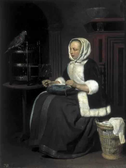 Framed Print : METSU, Gabriel (1629-1667). Young Girl at Work. ca. 1650. Flemish art. ; Baroque art. Oil on wood. RUSSIA. Moscow. Pushkin Museum of Fine Arts