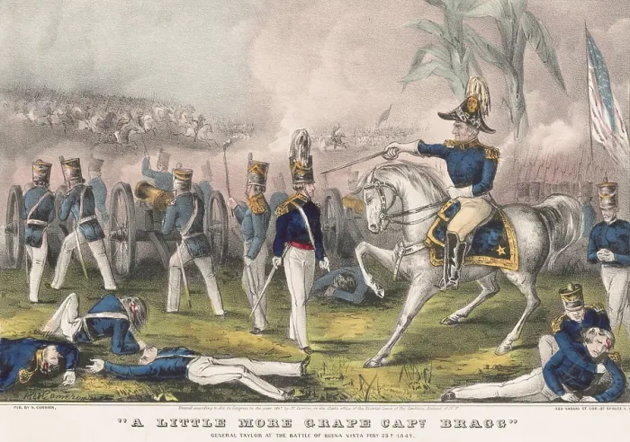 Framed Print : Mexican American War. Battle of Buena Vista, Feb. 22-23, 1847. A little more grape Capt. Bragg ordered General Zachary Taylor at the Battle of Buena Vista