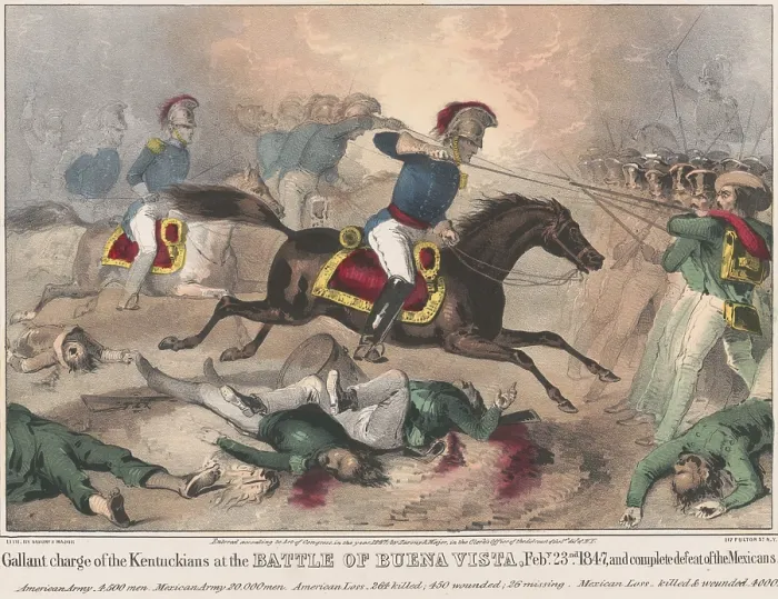 Framed Print : Mexican American War. Battle of Buena Vista, Feb. 22-23, 1847. Except for the Dragoons (cavalry) and Artillery, the US soldiers at the Battle of Buena Vista were green volunteers