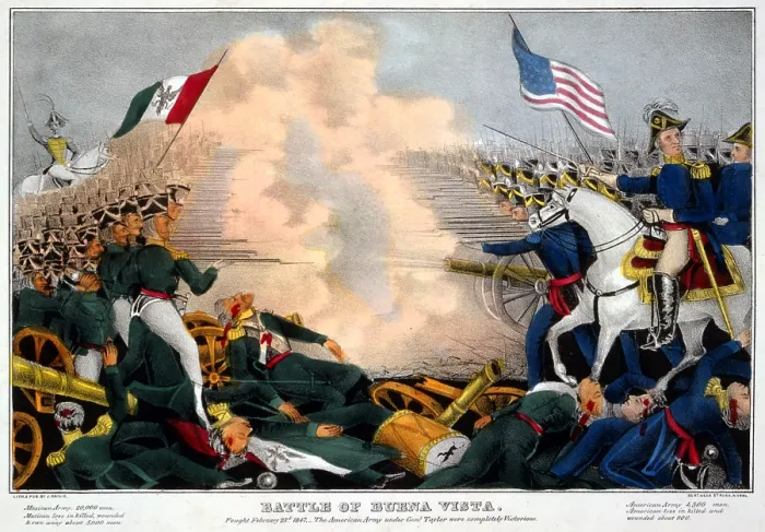 Framed Print : Mexican-American War. Battle of Buena Vista--Fought February 23d, 1847--The American Army under Genl. Taylor were completely victorious. Color Lithograph, James Bailie, 1847