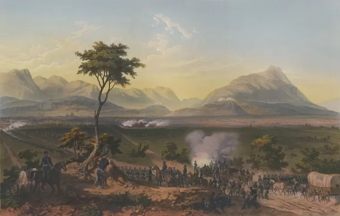 Framed Print : Mexican American War. Battle of Monterey, Sept. 21-23, 1846. US troops observe smoke from the fighting from a distance